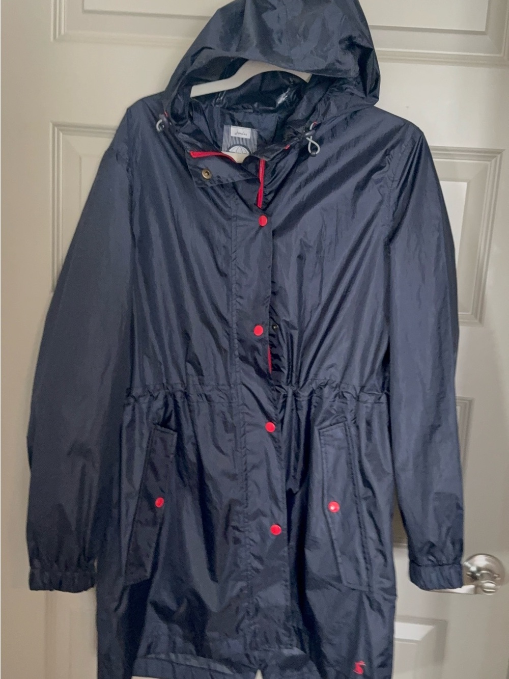 Joules Navy Hooded Trench with Red Snap Accents